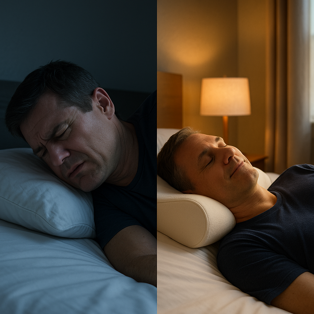 Two images side by side showing a man sleeping with a regular pillow on the left and a wedge pillow on the right.